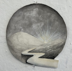 circular watercolor sunrise mountains river grayscale by jayde haidar