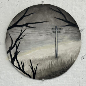 circular watercolor telephone pole grayscale landscape by jayde haidar
