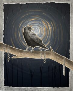 crow on branch with chains moonlit mixed media painting by jayde haidar