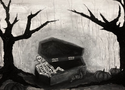 halloween skeleton coffin pumpkins grayscale acrylic painting by jayde haidar