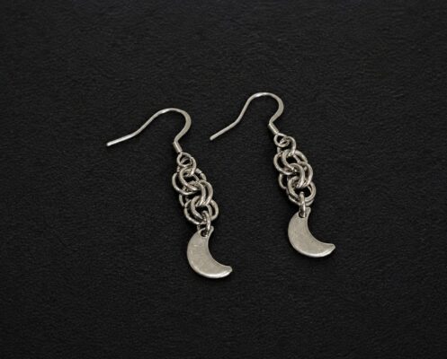 handmade hypoallergenic stainless steel chainmaille moon charm drop earrings gothic witchy