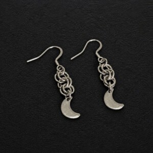 handmade hypoallergenic stainless steel chainmaille moon charm drop earrings gothic witchy