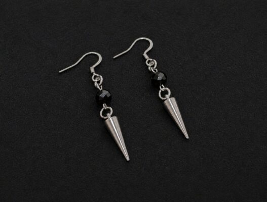 handmade hypoallergenic stainless steel spike drop earrings black onyx bead punk gothic minimalist