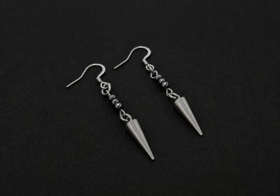 handmade hypoallergenic stainless steel spike drop earrings hematite beads minimalist grunge