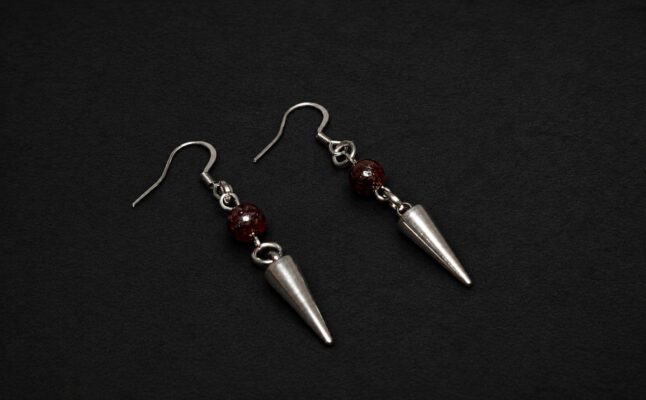 handmade hypoallergenic stainless steel spike drop earrings red glass bead punk gothic jewelry