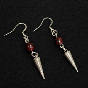 handmade hypoallergenic stainless steel spike drop earrings red glass bead punk gothic
