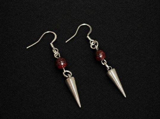 handmade hypoallergenic stainless steel spike drop earrings red glass bead punk gothic