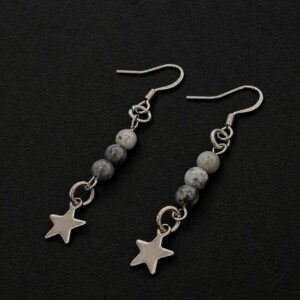handmade hypoallergenic stainless steel star charm drop earrings grey jasper beads celestial boho
