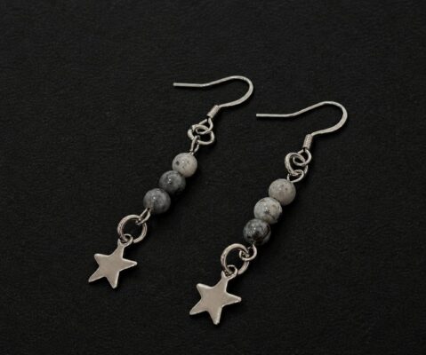 handmade hypoallergenic stainless steel star charm drop earrings grey jasper beads celestial boho