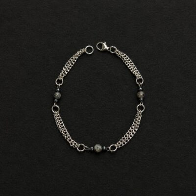 handmade stainless steel double curb chain bracelet grey jasper hematite beads boho