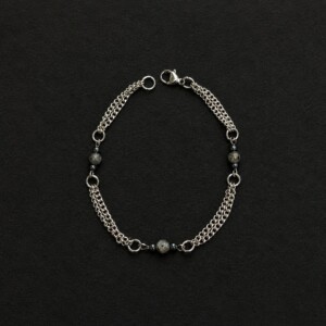 handmade stainless steel double curb chain bracelet grey jasper hematite beads boho