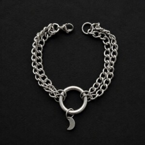 handmade stainless steel double curb chain bracelet o ring moon charm grunge punk