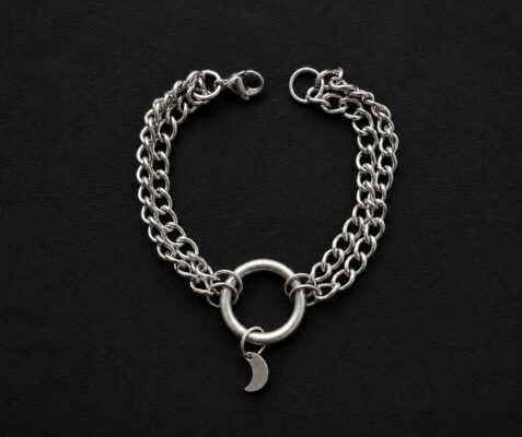 handmade stainless steel double curb chain bracelet o ring moon charm grunge punk