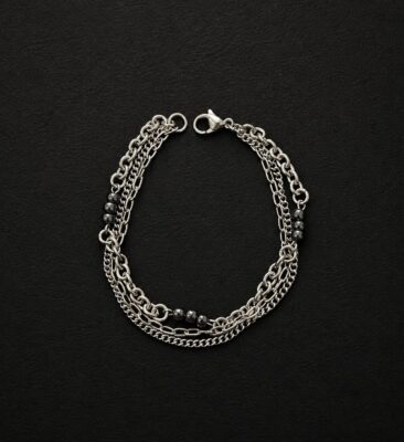 handmade stainless steel multi chain layered bracelet hematite bead clusters grunge