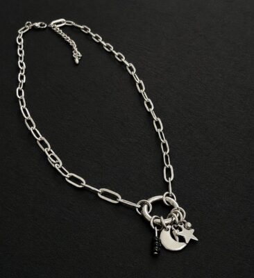 handmade stainless steel paperclip chain necklace moon star charm pendant grunge