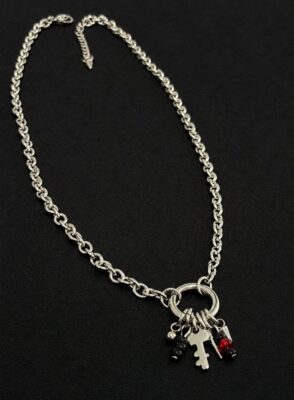 handmade stainless steel rolo chain necklace key charm cluster red black beads gothic