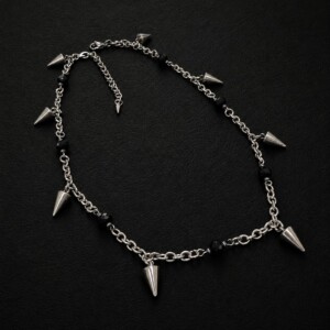 handmade stainless steel spike charm necklace black onyx beads punk gothic