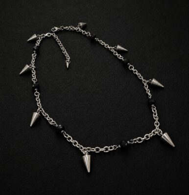 handmade stainless steel spike charm necklace black onyx beads punk gothic