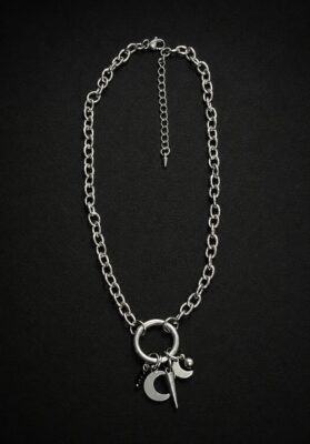 handmade tarnish resistant stainless steel chunky chain necklace moon spike charm cluster black bead gothic front