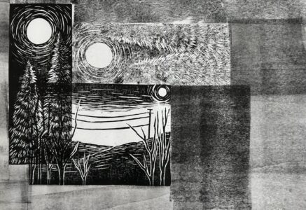 linocut block print collage moons trees power lines by jayde haidar