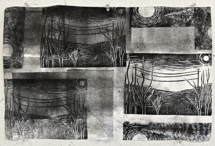 linocut block print power lines trees landscape monoprint by jayde haidar