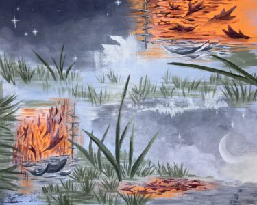 marsh pond day and night cattails leaves acrylic painting by jayde haidar