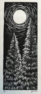 moonlit pine trees black and white linocut block print by jayde haidar