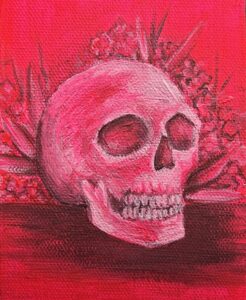 pink skull on red background acrylic painting by jayde haidar