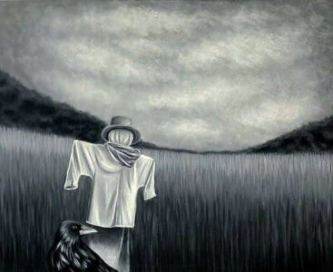 scarecrow and crow cornfield grayscale oil painting by jayde haidar cambridge