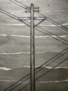 telephone pole power lines charcoal drawing torn paper by jayde haidar