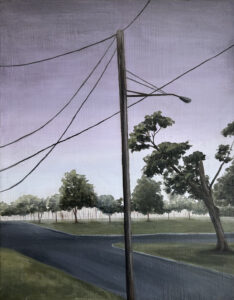 telephone pole purple sky suburban landscape oil painting by jayde haidar