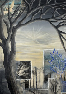 winter tree feather blue leaf mixed media collage painting by jayde haidar