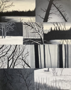 winter trees grayscale landscape collage acrylic painting series by jayde haidar